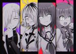  4girls :d \m/ ahoge angel_beats! black_choker black_nails character_request choker closed_mouth commentary eyelashes eyes_visible_through_hair fang greyscale hair_between_eyes hair_ornament hair_over_one_eye hand_up iwasawa_masami jewelry kirisaki_(angel_beats!) long_hair looking_at_viewer monochrome multicolored_hair multiple_girls nail_polish nakamura_hinato neckerchief one_eye_covered open_mouth ring sailor_collar shinda_sekai_sensen_uniform shirt short_hair simple_background sleeves_past_wrists smile streaked_hair upper_body v-shaped_eyebrows x_hair_ornament yui_(angel_beats!) 