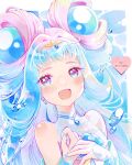  1girl :d air_bubble artist_name blue_eyes blue_hair bubble clothing_cutout commentary cure_la_mer earrings eyelash_ornament gradient_hair hands_on_own_chest heart highres jewelry laura_la_mer lilylily0601 long_hair long_sleeves looking_at_viewer magical_girl multicolored_eyes multicolored_hair pearl_hair_ornament pink_eyes pink_hair precure shell_brooch shirt shoulder_cutout smile solo tiara tropical-rouge!_precure twitter_username two-tone_hair water white_shirt 