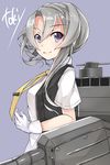  artist_name gloves grey_background grey_eyes highres kantai_collection looking_at_viewer necktie nowaki_(kantai_collection) silver_hair smile solo toki/ upper_body vest white_gloves yellow_neckwear 