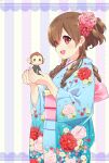  1girl :d animal blue_kimono brown_hair chinese_zodiac clothed_animal floral_print flower hair_between_eyes hair_flower hair_ornament hands_up japanese_clothes kimono kusumoto_shizuru long_hair long_sleeves monkey obi original pink_flower print_kimono red_eyes red_flower sash smile solo striped_background wide_sleeves year_of_the_monkey 