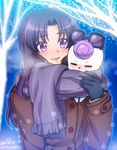  1girl black_gloves blush coat commentary_request eyewear_on_head gloves gurasan_(happinesscharge_precure!) happinesscharge_precure! hikawa_iona long_hair precure purple_eyes purple_hair scarf shared_scarf smile snow solo 