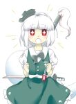  +_+ 1girl :o aqua_skirt aqua_vest bow bowtie buttons clenched_hands frilled_skirt frills grey_bow grey_bowtie grey_hairband hairband katana konpaku_youmu konpaku_youmu_(ghost) looking_at_viewer nonamejd official_style puffy_short_sleeves puffy_sleeves red_eyes shirt short_hair short_sleeves simple_background skirt skirt_set solo sword touhou wakizashi weapon white_background white_hair white_shirt zun_(style) 