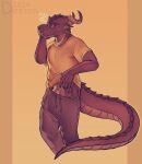 anthro brown_body brown_scales bulge clothed clothing deeroni dragon facial_piercing flaccid genitals hi_res horn looking_at_viewer male nose_piercing penis penis_base piercing scales scalie shirt simple_background solo spiked_tail spikes spikes_(anatomy) sweatpants t-shirt tail tired topwear waking_up yellow_background