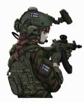  1girl absurdres assault_rifle blue_eyes body_armor braid braided_ponytail brown_hair camouflage camouflage_jacket chin_strap closed_mouth combat_helmet cropped_torso finnish_army finnish_flag from_side gloves green_gloves gun headphones headset helmet highres holding holding_gun holding_weapon jacket long_hair long_sleeves looking_ahead mardjan night_vision_device optical_sight original plate_carrier profile rifle rk62 sideways_mouth simple_background solo weapon white_background 
