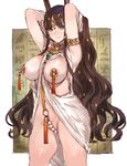  animal_ears areola_slip areolae armlet armpits arms_up bangs beads breastless_clothes breasts brown_hair c.cu cleopatra_(eiyuu_senki) cowboy_shot crotchless_clothes egyptian eiyuu_senki eyeliner forehead_jewel gem green_eyes groin hand_in_hair hieroglyphics highres large_breasts long_hair looking_at_viewer makeup nipple_tassels pasties sleeveless smile solo standing tassel very_long_hair wavy_hair 