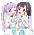  2girls :d ;d aayh alternate_eye_color alternate_hair_color black_hair blue_dress blush commentary_request dress fukuyama_mai gloves hair_bobbles hair_ornament hand_up idolmaster idolmaster_cinderella_girls long_hair looking_at_viewer multiple_girls one_eye_closed pleated_skirt ponytail purple_background purple_eyes purple_hair showgirl_skirt signature skirt sleeveless sleeveless_dress smile two-tone_background very_long_hair white_background white_gloves white_skirt yokoyama_chika 