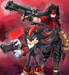  absurdres bandana black_hair cape claws crossover final_fantasy final_fantasy_vii frown furry gloves gun highres holding holding_gun holding_weapon looking_to_the_side red_eyes sega shadow_the_hedgehog sonic_(series) sonic_adventure_2 square_enix standing stoic_seraphim trait_connection vincent_valentine weapon 