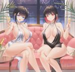  2girls alcohol bag black_dress black_survival blue_eyes blue_hair blush breasts champagne champagne_bottle choker cleavage couch crossed_legs debi_(black_survival) dress eternal_return:_black_survival evening_gown fireworks formal handbag highres jewelry large_breasts looking_at_viewer marlene_(black_survival) multicolored_hair multiple_girls no_bra no_panties open_mouth red_eyes red_hair short_hair sideboob sitting skyline smile white_dress zzo_(chorizzzzo) 