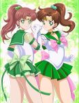  2girls bishoujo_senshi_sailor_moon choker circlet dual_persona earrings elbow_gloves flower_earrings gloves green_choker green_eyes green_sailor_collar hair_bobbles hair_ornament highres jewelry kino_makoto looking_at_viewer multiple_girls pirochi sailor_collar sailor_jupiter sailor_senshi_uniform smile star_(symbol) star_choker star_earrings super_sailor_jupiter_(stars) white_gloves 