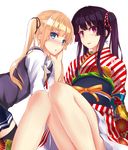  bare_legs black_hair black_legwear blonde_hair blush gradient_hair hands_on_another's_face highres japanese_clothes long_hair long_legs long_sleeves looking_at_viewer mizuki_(mizuki_ame) mother_and_daughter multicolored_hair multiple_girls obi purple_eyes saenai_heroine_no_sodatekata sash sawamura_sayuri sawamura_spencer_eriri school_uniform skirt smile thighhighs twintails 