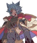  1boy animal_ears armor black_shirt blood blood_on_clothes blood_on_face cape clothing_cutout empty_eyes erune flat_color gold_trim granblue_fantasy grey_eyes grey_hair hip_armor hood hood_down looking_to_the_side male_focus mask mask_over_one_eye red_cape seox_(granblue_fantasy) shirt short_hair side_cutout sketch skihrsdn solo_focus spiked_hair white_background wolf_ears 