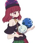  1girl absurdres black_headwear black_shirt blush chain closed_mouth clothes_writing earth_(ornament) hat hecatia_lapislazuli highres kame_(kamepan44231) long_hair moon_(ornament) multicolored_clothes multicolored_skirt off-shoulder_shirt off_shoulder red_eyes red_hair shirt short_sleeves simple_background skirt solo t-shirt touhou white_background 