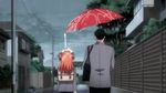  1boy 1girl angry animated animated_gif black_hair bow gekkan_shoujo_nozaki-kun hair_bow nozaki_umetarou orange_hair polka_dot polka_dot_bow purple_eyes rain sakura_chiyo school_uniform umbrella 