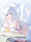  1girl alternate_costume animal_ear_fluff artist_name azur_lane blurry blurry_foreground book breasts cleavage hair_between_eyes hand_on_own_cheek hand_on_own_face highres huge_breasts indoors large_tail long_hair manjuu_(azur_lane) open_book purple_eyes reading roido_(taniko-t-1218) shinano_(azur_lane) shirt solo spaghetti_strap tail very_long_hair white_hair white_shirt white_tail 