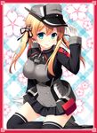  anchor_hair_ornament aqua_eyes blonde_hair breasts gloves hair_ornament hat highres kantai_collection large_breasts long_hair looking_at_viewer military military_uniform peaked_cap prinz_eugen_(kantai_collection) smile solo thighhighs twintails uniform yuntea 