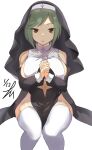  1girl absurdres alternate_costume armpit_crease bare_shoulders breasts brown_eyes clothing_cutout dated green_hair habit highres large_breasts looking_at_viewer mai_(senran_kagura) navel_cutout nun own_hands_clasped own_hands_together revealing_clothes senran_kagura senran_kagura_new_link senran_kagura_new_wave shiny_skin short_hair sideboob signature simple_background sitting smile solo star_cutout takumi_munato thighhighs thighs white_background white_thighhighs 