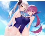  2girls absurdres adjusting_clothes adjusting_swimsuit armpit_crease ass bare_arms bare_shoulders black_bow blue_hair blue_one-piece_swimsuit blue_ribbon blush border bow braid breasts cloud collarbone colored_inner_hair day groin hair_bow hair_ribbon highres hololive large_breasts long_hair looking_at_viewer minato_aqua multicolored_hair multiple_girls murasaki_shion one-piece_swimsuit open_mouth outside_border purple_eyes purple_hair ribbon school_swimsuit side_braid side_ponytail single_braid sky small_breasts streaked_hair swimsuit thighs twintails two-tone_hair virtual_youtuber water_drop white_border white_hair yellow_eyes zhiyou_ruozhe 