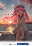  029 1girl :d backlighting blue_sailor_collar child cloud commentary_request company_name copyright_name dress fang floating_hair foot_out_of_frame grey_eyes hair_between_eyes happy hat highres katou_umi long_hair looking_at_viewer ocean open_mouth outdoors pink_hair promotional_art ribbon sailor_collar sailor_dress sailor_hat short_dress sitting sleeveless sleeveless_dress smile solo summer_pockets sunset two_side_up white_dress white_headwear yellow_ribbon 