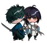  1boy 1other absurdres ahoge androgynous black_hair blue_eyes blue_kimono braid braided_ponytail brown_eyes chibi closed_mouth commentary_request crossed_bangs dual_wielding fate/samurai_remnant fate_(series) fighting_stance green_hair green_hakama hair_between_eyes hair_intakes hakama highres holding holding_sword holding_weapon japanese_clothes katana kimono long_hair long_sleeves looking_at_viewer miyamoto_iori_(fate) mura_karuki sandals serious shirt short_hair side-by-side simple_background smile spiked_hair standing sword weapon white_background white_shirt wide_sleeves yamato_takeru_(fate) 
