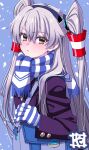  1girl alternate_costume amatsukaze_(kancolle) bag blush brown_eyes coat gloves grey_hair hair_between_eyes hair_tubes hairband highres kantai_collection long_hair long_sleeves looking_at_viewer parted_lips purple_coat scarf simple_background snowing solo striped_clothes striped_gloves striped_scarf two_side_up vertical-striped_clothes winter_clothes yamayoshi 