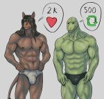 &lt;3 anthro beastars black_briefs black_clothing black_underwear briefs briefs_only brown_body brown_fur brown_hair bulge clothed clothing duo equid equine ffog fur genital_outline gosha_(beastars) green_body green_skin hair hands_on_hips hi_res horse long_hair male mammal muscular muscular_male number penis_outline retweet smile text tighty_whities topless underwear underwear_only white_briefs white_clothing white_underwear yafya_(beastars)