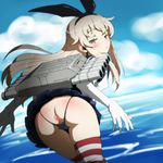  anus ass backless_panties blonde_hair blue_eyes dutch_angle elbow_gloves from_behind gloves hair_ribbon kantai_collection long_hair looking_back panties ribbon shimakaze_(kantai_collection) skirt solo striped striped_legwear tekuteku_(yuuhodou) thigh_gap thighhighs thong underwear yellow_eyes 