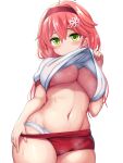  1girl absurdres ahoge blush breasts buruma buruma_pull clothes_lift commentary_request curvy green_eyes gym_shirt gym_uniform hair_ornament hairband highres hololive large_breasts long_hair looking_at_viewer navel no_bra panties red_buruma red_hair sakanaya_(sakanaya952) sakura_miko shirt shirt_lift simple_background snowflake_hair_ornament solo sweat underboob underwear virtual_youtuber white_background white_panties white_shirt 