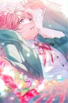  1boy amemura_ramuda bishounen blue_eyes blue_jacket collared_shirt food hand_up highres hood hooded_jacket hypnosis_mic jacket light_particles looking_ahead lying male_focus minami_kazuki_(hanbee) on_back open_clothes open_jacket parted_lips pastel_colors pink_hair shirt short_hair solo sweets tearing_up tears upper_body white_shirt 