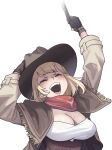  1girl ^_^ alternate_costume blonde_hair breasts cleavage closed_eyes cowboy cowboy_hat english_commentary gun hat highres hololive hololive_english large_breasts medium_hair mole mole_on_breast monocle open_mouth revolver scar shawl smile solo upper_body watson_amelia weapon zedd_(zedgawr) 