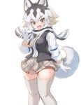  1girl animal_ears blush cowboy_shot eastern_wolf_(kemono_friends) fangs gloves grey_hair grey_necktie grey_scarf grey_skirt grey_vest hair_between_eyes highres kemono_friends koutsuu_(koutuukanseikan) long_sleeves looking_at_viewer multicolored_hair necktie open_clothes open_mouth open_vest plaid plaid_necktie plaid_skirt pleated_skirt scarf short_hair sidelocks skirt sleeve_cuffs smile solo tail thighhighs two-tone_hair two-tone_scarf vest white_gloves white_hair white_scarf white_thighhighs wolf_ears wolf_girl wolf_tail yellow_eyes zettai_ryouiki 