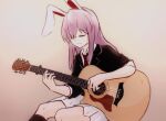  1girl animal_ears blazer closed_eyes closed_mouth collared_shirt commentary guitar highres instrument jacket light_smile long_hair music necktie niangao_(8490593) playing_guitar playing_instrument purple_hair rabbit_ears rabbit_girl red_necktie reisen_udongein_inaba shirt skirt solo touhou traditional_media white_shirt white_skirt 