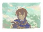  1boy ahoge armor bishounen brown_hair closed_eyes cloud cloudy_sky crying english_commentary granblue_fantasy green_background grin hair_between_eyes happy_tears highres hood light_blush male_focus messy_hair portrait sandalphon_(granblue_fantasy) short_hair sky smile solo_focus t_of_game tears 
