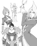  3boys alternate_hairstyle armor bald bandages bottle claws darius_(league_of_legends) greyscale katarina_du_couteau league_of_legends looking_at_viewer monochrome multiple_boys scissors scofa shoulder_pads singed vladimir white_background 