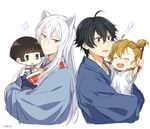  2boys 2girls animal_ears bad_id bad_pixiv_id bangs barakamon bell black_hair blunt_bangs brown_hair calligraphy_brush company_connection cup_ramen fox_ears gugure!_kokkuri-san handa_seishuu ichimatsu_kohina japanese_clothes jinbei_(clothes) kimono kokkuri-san_(gugukoku) kotoishi_naru long_hair mery_(apfl0515) multiple_boys multiple_girls ono_daisuke paintbrush seiyuu_connection short_hair side_ponytail silver_hair smile square_enix yellow_eyes 