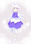  1girl :d apron bloomers bobby_socks full_body hat highres juliet_sleeves letty_whiterock long_sleeves nonamejd official_style outstretched_arms puffy_sleeves purple_eyes purple_skirt purple_vest shirt short_hair skirt skirt_set smile socks solo spread_arms touhou vest waist_apron white_apron white_bloomers white_hair white_headwear white_shirt white_socks zun_(style) 