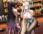  2girls absurdly_long_hair absurdres alcohol animal_ears aqua_leotard asuna_(blue_archive) asuna_(bunny)_(blue_archive) bar_(place) bar_stool black_hair black_leotard black_pantyhose blue_archive blue_bow blue_bowtie blue_eyes blue_ribbon bow bowtie breasts brown_pantyhose champagne champagne_bottle champagne_flute cup dark-skinned_female dark_skin detached_collar drinking_glass fake_animal_ears fake_tail first_one14 fishnet_pantyhose fishnets gloves gradient_hair grin hair_over_one_eye hair_ribbon halo highleg highleg_leotard highres huge_breasts jack_daniel&#039;s karin_(blue_archive) karin_(bunny)_(blue_archive) large_breasts leotard light_brown_hair long_hair looking_at_viewer mole mole_on_breast multicolored_hair multiple_girls official_alternate_costume pantyhose playboy_bunny purple_hair rabbit_ears rabbit_tail ribbon sitting smile stool strapless strapless_leotard tail thighband_pantyhose traditional_bowtie undersized_breast_cup v very_long_hair white_gloves 