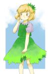  1girl aki_shizuha alternate_color blonde_hair dress feet_out_of_frame green_dress hair_ornament hand_up leaf_hair_ornament legs_apart nonamejd official_style puffy_short_sleeves puffy_sleeves short_hair short_sleeves solo standing touhou yellow_eyes zun_(style) 