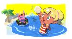  1boy 2girls :d animal_crossing aqua_one-piece_swimsuit arm_up beach blonde_hair blue_eyes blunt_bangs blush border buck_teeth coconut coconut_tree commentary_request deer_girl diving eyelashes eyewear_on_head frobert_(animal_crossing) fuchsia_(animal_crossing) furry furry_female green_eyes heart heart-shaped_eyewear high_ponytail highres holding holding_shell kopa_nishikida mollusc_shell multicolored_eyes multiple_girls notice_lines one-piece_swimsuit open_mouth outside_border palm_tree partially_submerged pink_eyes ponytail purple_eyes purple_one-piece_swimsuit red_one-piece_swimsuit rock sand seashell shell sky smile sparkle splashing striped_clothes striped_one-piece_swimsuit sunglasses swimming swimsuit teeth tree two-tone_one-piece_swimsuit villager_(animal_crossing) water white_border white_one-piece_swimsuit yellow_sky 
