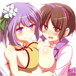  bad_id bad_pixiv_id banned_artist blush breast_press breasts breasts_outside brown_eyes brown_hair flower hair_flower hair_ornament hairband kisaragi_zwei large_breasts multiple_girls open_clothes open_mouth open_shirt purple_eyes purple_hair purple_hairband shirt siblings sisters smile symmetrical_docking touhou tsukumo_benben tsukumo_yatsuhashi upper_body 