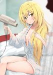  1girl bathrobe blonde_hair breasts closed_mouth commentary_request crossed_legs drying drying_hair hair_between_eyes hair_dryer highres holding holding_hair_dryer indoors k3rd long_hair looking_at_viewer medium_breasts on_bed shokuhou_misaki sitting solo sparkling_eyes toaru_kagaku_no_mental_out toaru_kagaku_no_railgun toaru_majutsu_no_index yellow_eyes 