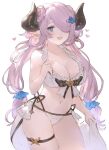  1girl :d bikini blue_eyes braid breasts cape cleavage commentary cowboy_shot curled_horns deep_skin draph frilled_bikini frills granblue_fantasy hair_between_eyes hair_ornament hair_over_one_eye hairclip heart highres horns large_breasts light_blush long_hair official_alternate_costume pointy_ears smile solo star_v1sta swimsuit thigh_strap twintails white_background white_bikini white_cape 