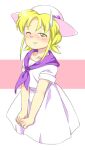 1girl ;d blonde_hair blush collarbone dress furrowed_brow hat louise_(touhou) neckerchief nonamejd official_style one_eye_closed purple_neckerchief short_hair short_sleeves smile solo sweatdrop touhou touhou_(pc-98) v_arms white_dress white_headwear yellow_eyes zun_(style) 