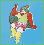 absurd_res anthro avian barazoku bird bottomwear bulge cape clothed clothing digital_media_(artwork) feathers generation_6_pokemon hawlucha hi_res humanoid_hands male melonca53654294 nintendo open_mouth pecs pokemon pokemon_(species) shirt shorts simple_background smile solo tank_top topwear wings yellow_eyes