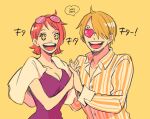  +_+ 1boy 1girl blonde_hair breasts cleavage commentary_request curly_eyebrows dated dress hatch_(8cco) heart heart-shaped_eyes looking_at_viewer nami_(one_piece) one_piece one_piece:_baron_omatsuri_and_the_secret_island orange_hair purple_dress sanji_(one_piece) shirt short_hair sidelocks simple_background smile striped_clothes striped_shirt sunglasses symbol-shaped_pupils upper_body vertical-striped_clothes vertical-striped_shirt yellow_background 