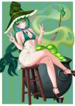  1girl :3 absurdres aqua_background artistic_error bar_stool bare_arms bare_legs bare_shoulders black_footwear border breasts choker closed_mouth colored_smoke commentary cooking_pot cross crossed_bangs crossed_legs double_v dress english_commentary eyes_visible_through_hair frilled_headwear full_body green_background green_choker green_dress green_eyes green_hair green_headwear green_nails green_panties green_theme hair_between_eyes hair_over_one_eye hands_up hat head_tilt high_heels highleg highleg_panties highres hmmmanon legs long_hair looking_at_viewer multicolored_background navel one_eye_closed original outside_border panties revealing_clothes see-through see-through_dress shiny_skin sideboob sidelocks simple_background sitting slime_(substance) small_breasts solo stick stool striped_background toeless_footwear underwear v very_long_hair white_border wide_hips witch witch_hat wooden_stool 