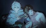  2boys @_43517 belial_(granblue_fantasy) bishounen black_background blue_hood blue_hoodie brown_hair closed_eyes controller crossed_legs dark expressionless granblue_fantasy hair_between_eyes hood hoodie korean_commentary leaning_on_person light light_frown long_sleeves lucilius_(granblue_fantasy) male_focus messy_hair multiple_boys parted_bangs shadow shirt short_hair sleeping spiked_hair under_covers video_game watching_television white_shirt 