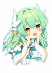  1girl :d blush_stickers brown_eyes chibi detached_sleeves dragon_horns fate/grand_order fate_(series) full_body green_hair green_kimono hair_between_eyes hands_up heart heart-shaped_pupils horns japanese_clothes kimono kiyohime_(fate) kusumoto_shizuru long_hair long_sleeves looking_at_viewer outline sandals simple_background smile solo symbol-shaped_pupils thighhighs very_long_hair white_background white_outline white_sleeves white_thighhighs zouri 