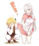  1boy 1girl bad_id bad_pixiv_id blonde_hair blue_eyes blush earrings elizabeth_liones green_eyes hair_over_one_eye jewelry long_hair maid maid_headdress meliodas mery_(apfl0515) nanatsu_no_taizai short_hair silver_hair skirt skirt_lift 