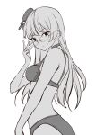  1girl absurdres beret bikini breasts choker choukai_(kancolle) cowboy_shot glasses greyscale hat highres kantai_collection long_hair looking_at_viewer medium_breasts mini_hat monochrome neve_(morris-minicooper) simple_background solo swimsuit 