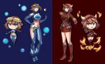  2girls blue_eyes boots breasts brown_hair chibi cosplay courtney_(pokemon) courtney_(pokemon)_(cosplay) dual_persona fake_horns full_body goggles goggles_on_head grin highres holding holding_poke_ball hood hoodie horns may_(pokemon) midriff multiple_girls navel poke_ball poke_ball_(basic) pokemon pokemon_oras red_footwear shelly_(pokemon) shelly_(pokemon)_(cosplay) smile team_aqua team_magma zer0z_vi 